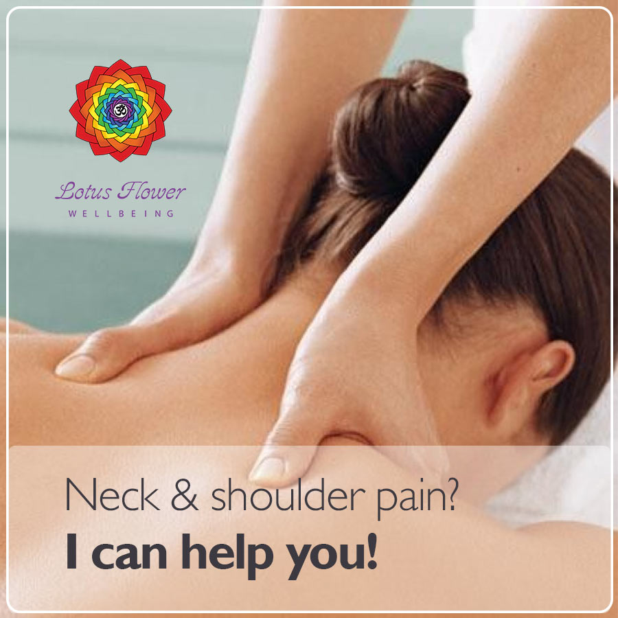 lying face-down female patient receiving a neck and shoulders massage from a masseur hands.